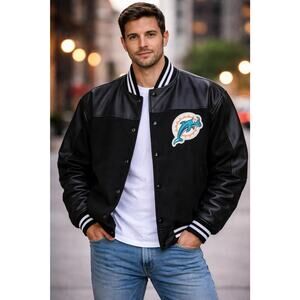 Miami Dolphins Blackout Collection Full-Snap Varsity Jacket Size Large